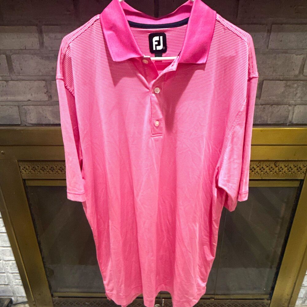 FootJoy Men's Polo Shirt L Pink White Striped Short Sleeve Collared Logo
